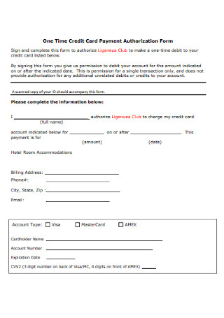 One Time Credit Card Payment Authorization Form