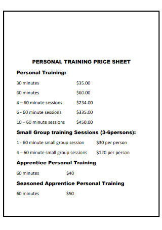 Personal Training Price Sheet