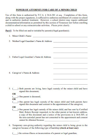 Power of Attorney for Care of Minor Child Letter