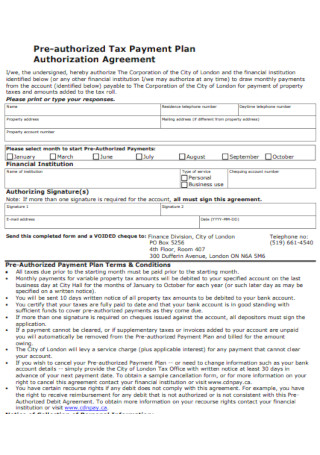 Pre authorized Tax Payment Plan Authorization Agreement 