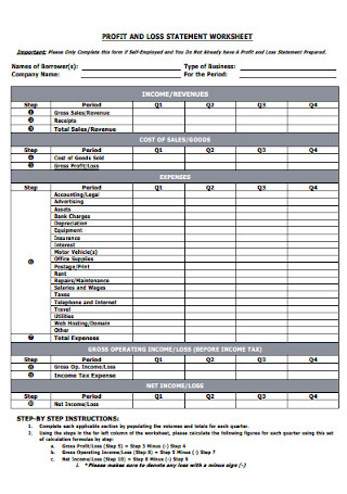 Profit and Loss Statement Worksheet