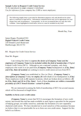 Sample Letter to Request Credit Union Service Template