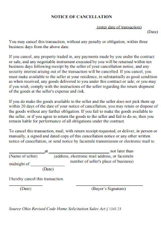Sample Written Notice of Cancellation Template