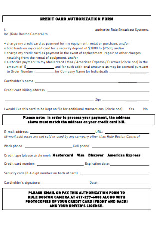 Standard Credit Card Authorization Form