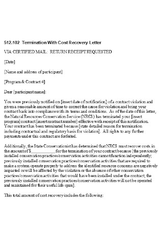 Termination With Cost Debt Recovery Letter