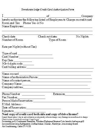 Townhouse lodge Credit Card Authorization Form