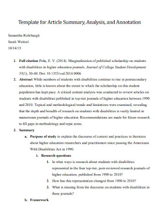 Article Summary Analysis Template