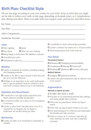 Birth Plan Checklist Template