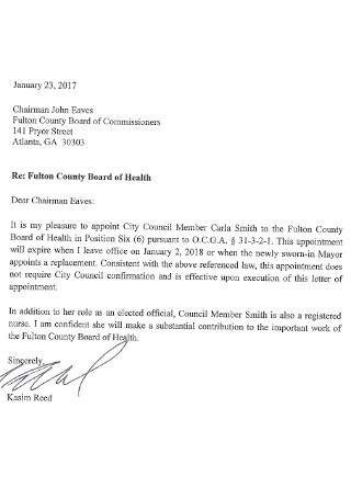 Board of Health Appointment Letter
