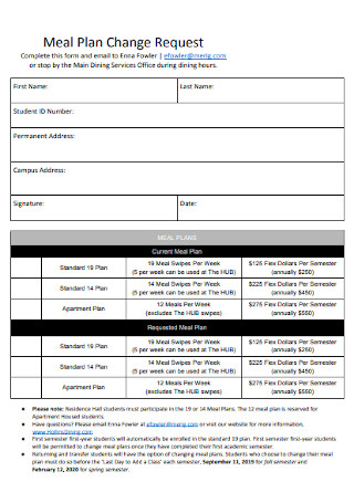 Dining Meal Plan Template