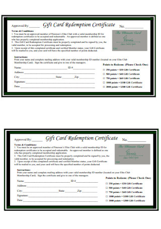 Gift Card Redemption Certificate