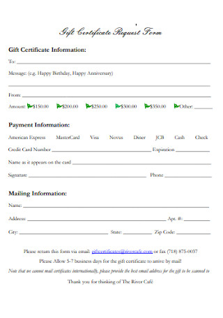 Gift Certificate Request Form