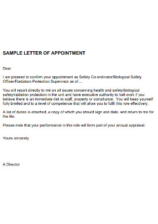 Health Safety Appointment Letter