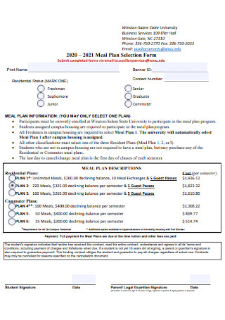 Meal Plan Selection Form