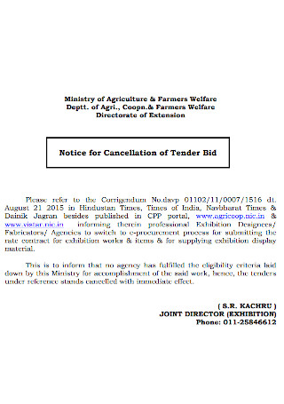 Notice for Cancellation of Tender Bid