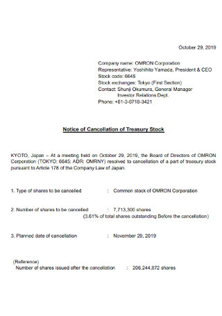 Notice of Cancellation of Treasury Stock