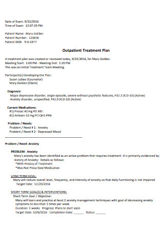 Outpatient Treatment Plan 