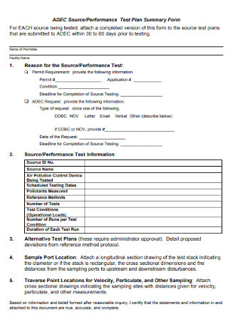 Performance Test Plan Summary Form