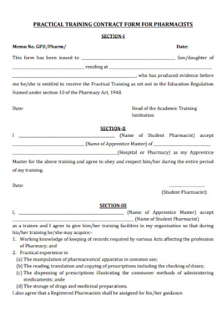 Pharmacists Practical Training Contract