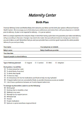 Sample Maternity Birth Plan
