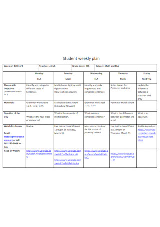 Student Weekly Plan Template