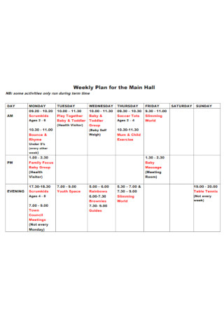Weekly Plan for the Main Hall