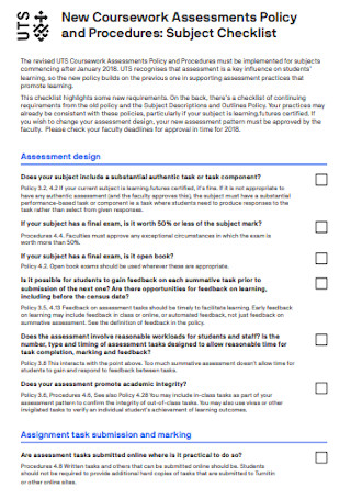 Assessment Subject Checklist
