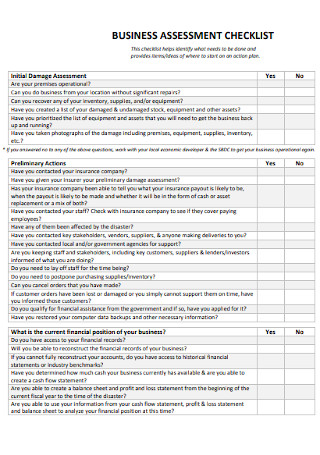 Budiness Assesssment Checklist
