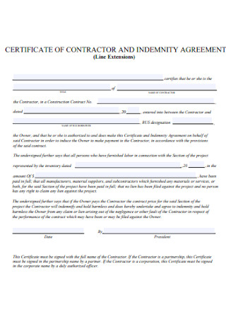 Certificate of Contractor and Indemnity Agreement
