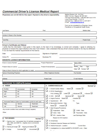 Commercial Drivers Licence Medical Report