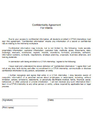 Confidentiality Agreement for Interns