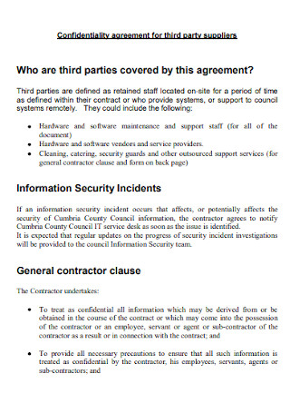 Confidentiality Agreement for Third Party Suppliers