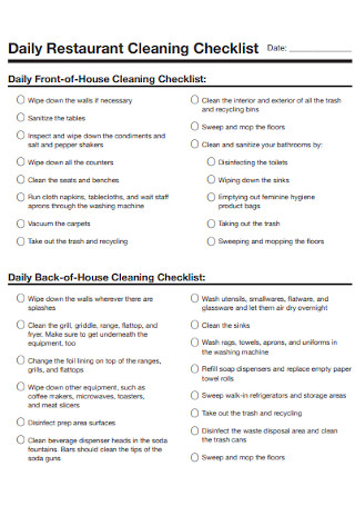Daily Restaurant Cleaning Checklist 