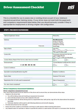 Driver Assessment Checklist Template