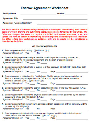 Escrow Agreement Worksheet