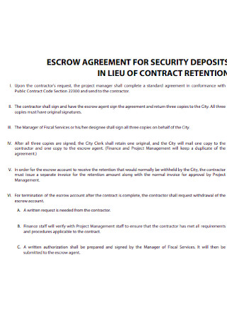 Escrow agreement for Security Deposits