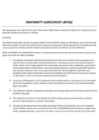 Formal Indemnity Agreement Template