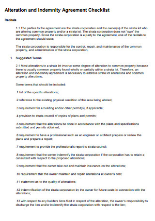 Indemnity Agreement Checklist