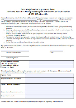 Internship Student Agreement Form