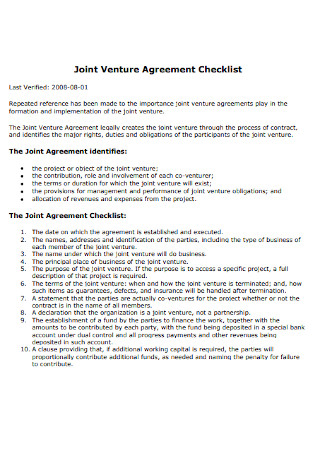 Joint Venture Agreement Checklist