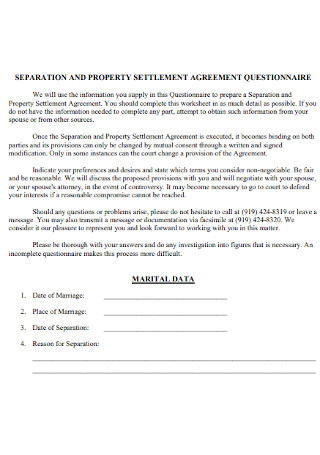 Marital Settlement Agreement Questionnaire