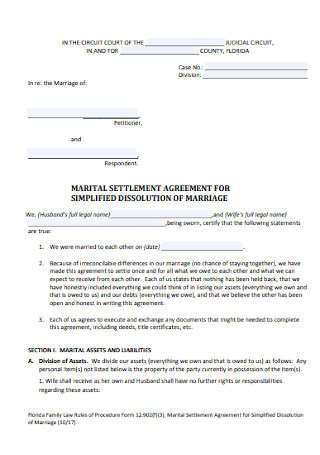 Marital Settlement Agreement for Dissolution Marriage