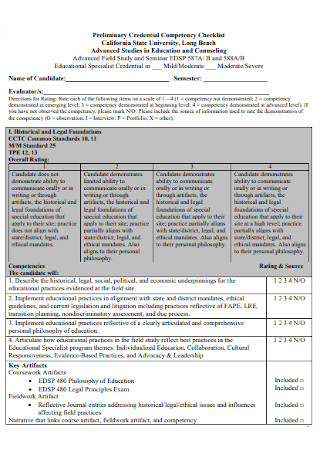 Preliminary Credential Competency Checklist 