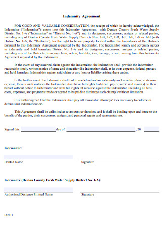 Printable Indemnity Agreement Template