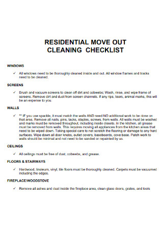 Residential Move Out Cleaning Checklist