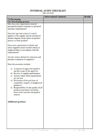 Sample Internal Audit Checklist Template