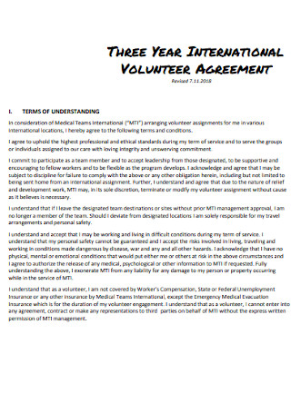 Three Year International Volunteer Agreement
