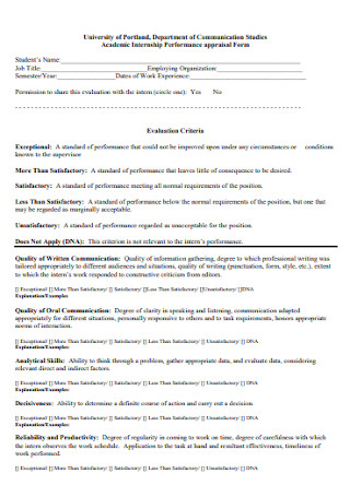 Academic Internship Performance Appraisal Form