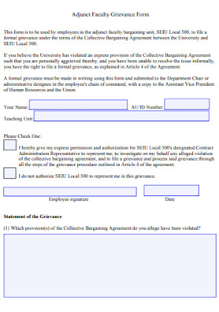 Adjunct Faculty Grievance Form 