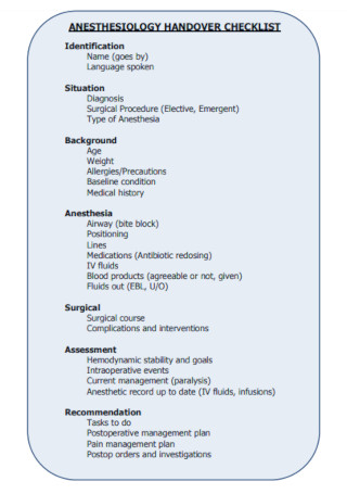 Anesthesiology Handover Checklist